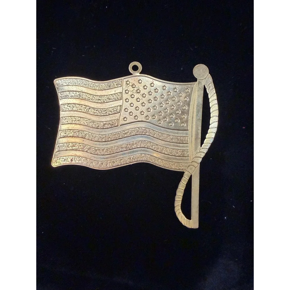 Vintage Brass Tone American Flag Ornament Waving US Flag Patriotic Holiday Decor